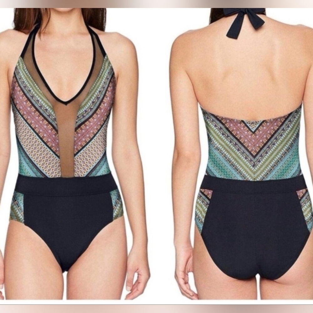 Bleu Rod Beattie Baja Bazaar Mesh Inserts V-neck Halter One Peuce Swimsuit